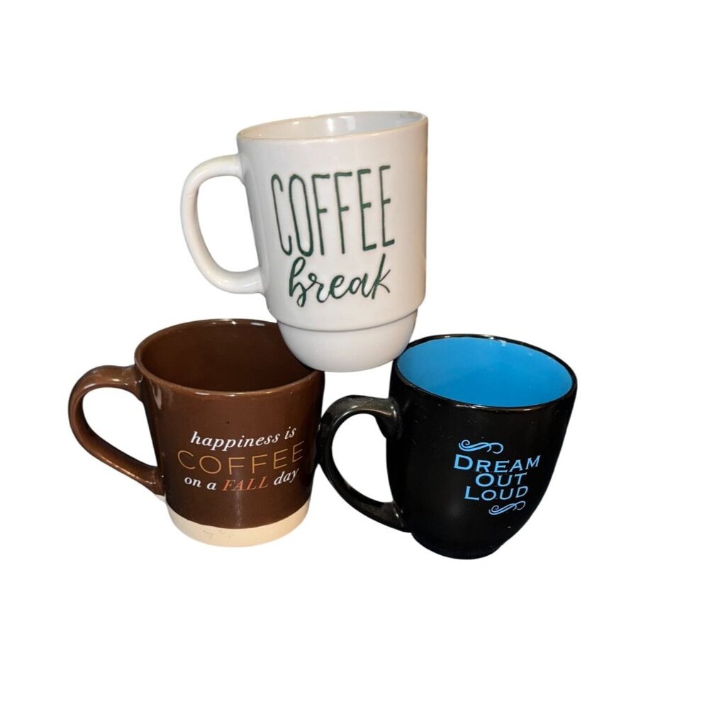 Set Of 3 Ceramic Coffee Mugs "Coffee Break" "Happiness Is Coffee" "Dream Out Lou